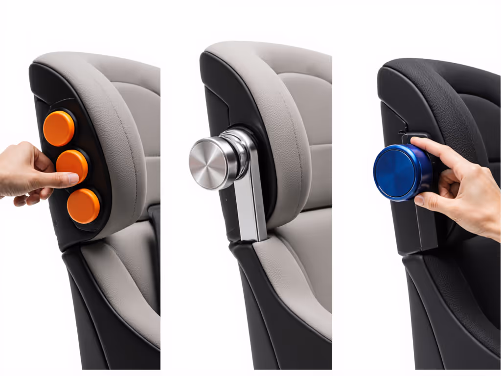 harness adjustment comparison showing visual differences between push-button, lever, and twist mechanisms