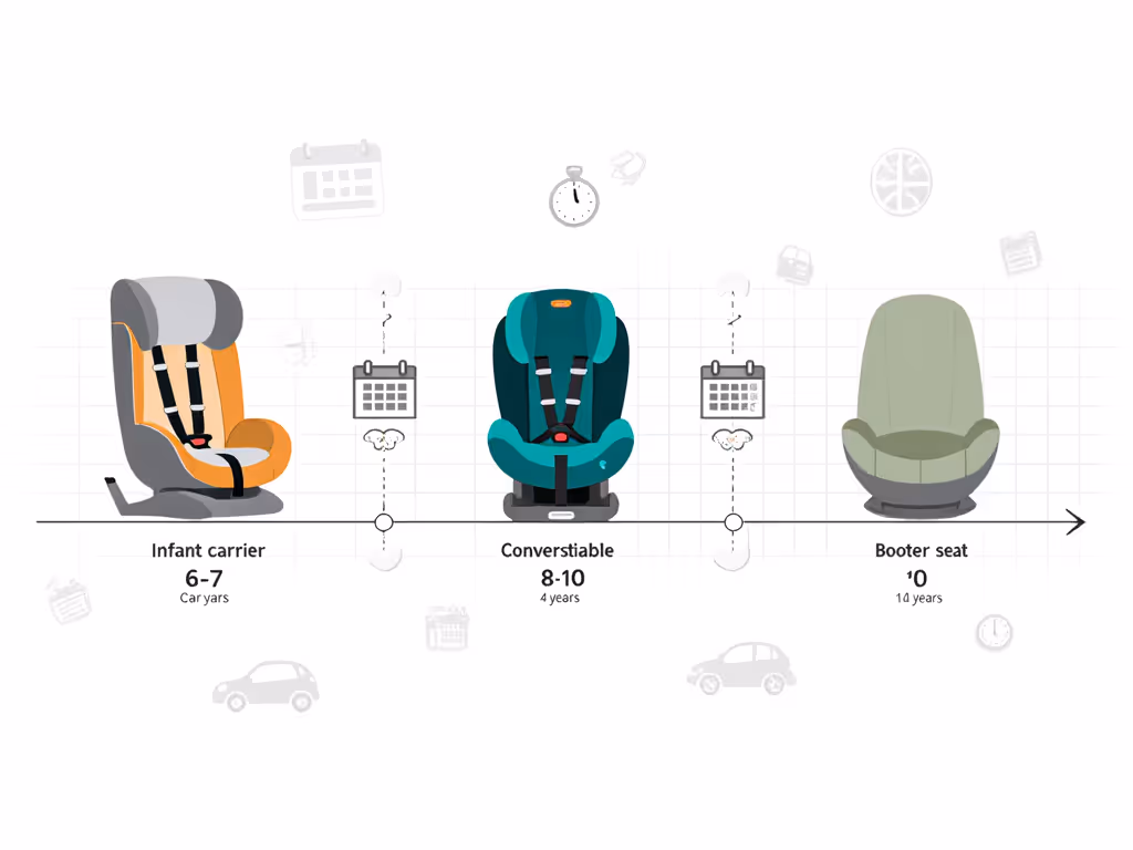 Car seat expiration timeline chart showing different seat types and their typical expiration periods