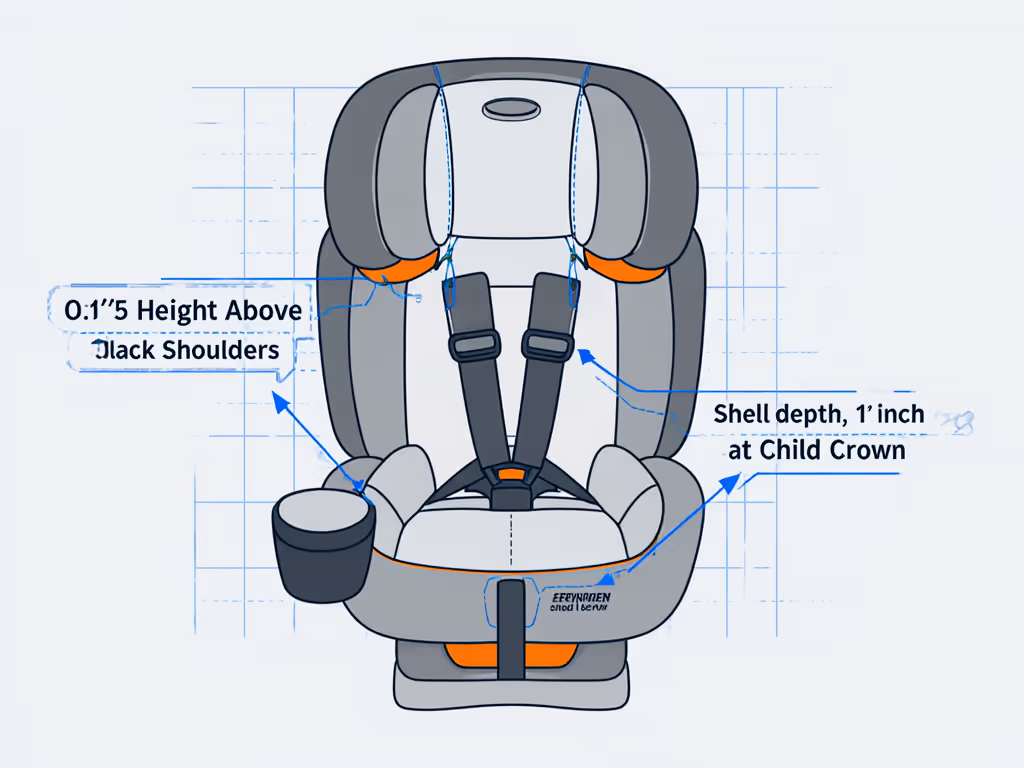Diagram showing proper harness height and shell depth measurements for child car seats